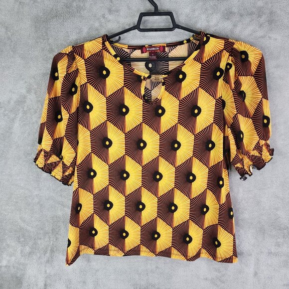 Womens Yellow Black Madison Geometric Patterned Top Puff Sleeve Keyhole Neck XL - Picture 2 of 8